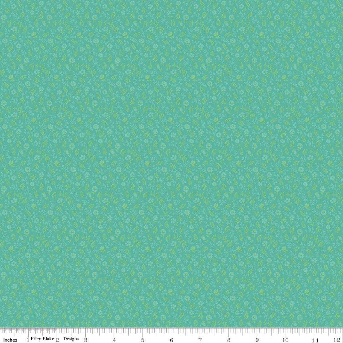 Image of Kipling Gardens Ellington Teal quilting cotton fabric by Lily Ashbury for Riley Blake Designs. Features flowers on a green background. Cute Little Fabric Shop.