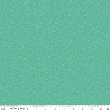 Image of Kipling Gardens Ellington Teal quilting cotton fabric by Lily Ashbury for Riley Blake Designs. Features flowers on a green background. Cute Little Fabric Shop.
