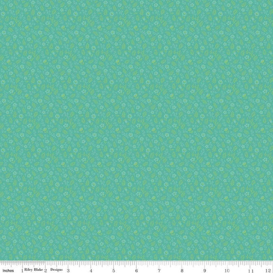 Image of Kipling Gardens Ellington Teal quilting cotton fabric by Lily Ashbury for Riley Blake Designs. Features flowers on a green background. Cute Little Fabric Shop.