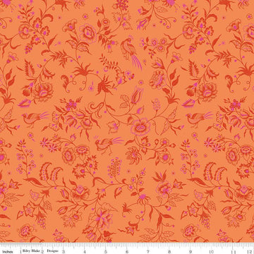 Image of Kipling Gardens Haviland Orange quilting cotton fabric by Lily Ashbury for Riley Blake Designs. Features flowers on an orange background. Cute Little Fabric Shop.
