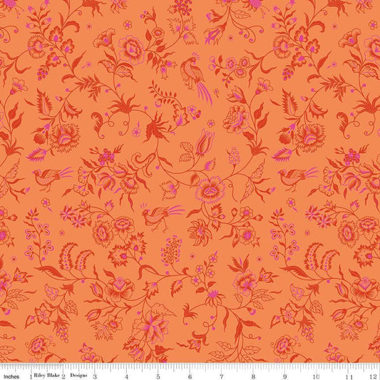 Image of Kipling Gardens Haviland Orange quilting cotton fabric by Lily Ashbury for Riley Blake Designs. Features flowers on an orange background. Cute Little Fabric Shop.