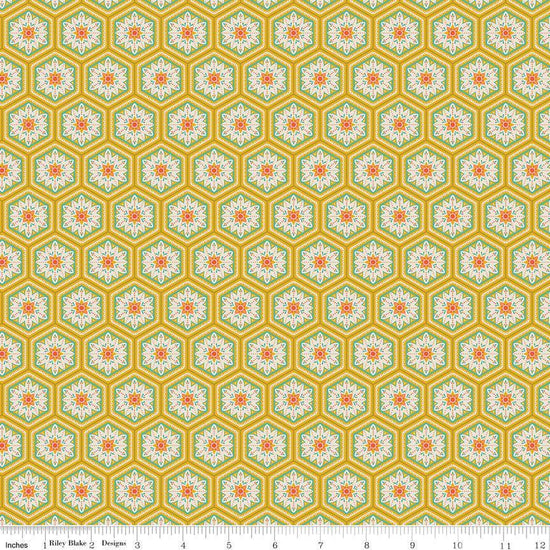 Image of Kipling Gardens Everly Curry quilting cotton fabric by Lily Ashbury for Riley Blake Designs. Features flowers on a yellow background. Cute Little Fabric Shop.