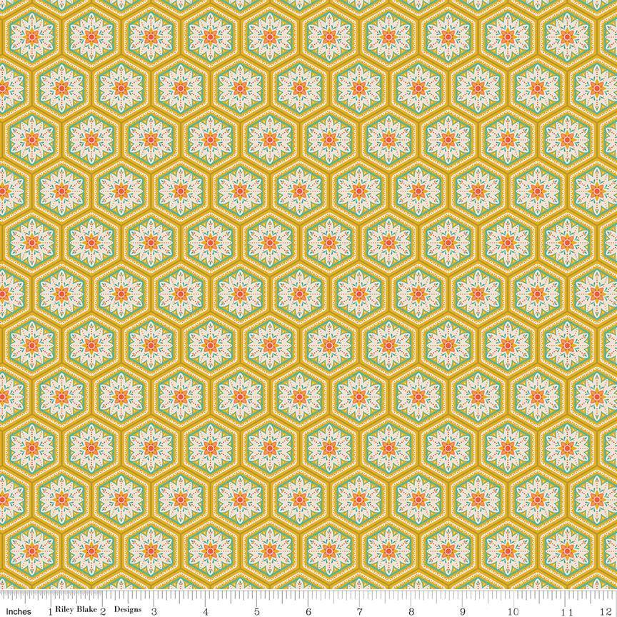 Image of Kipling Gardens Everly Curry quilting cotton fabric by Lily Ashbury for Riley Blake Designs. Features flowers on a yellow background. Cute Little Fabric Shop.