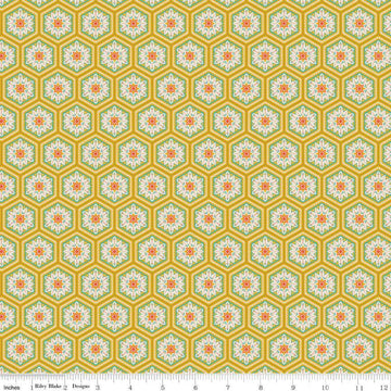 Image of Kipling Gardens Everly Curry quilting cotton fabric by Lily Ashbury for Riley Blake Designs. Features flowers on a yellow background. Cute Little Fabric Shop.