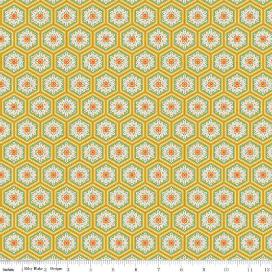Image of Kipling Gardens Everly Curry quilting cotton fabric by Lily Ashbury for Riley Blake Designs. Features flowers on a yellow background. Cute Little Fabric Shop.