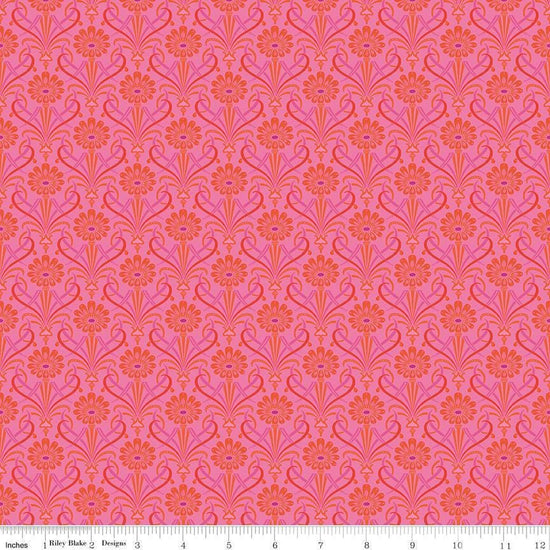 Image of Kipling Gardens Fariweather Hot Pink quilting cotton fabric by Lily Ashbury for Riley Blake Designs. Features flowers on a pink background. Cute Little Fabric Shop.