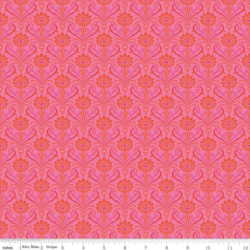 Image of Kipling Gardens Fariweather Hot Pink quilting cotton fabric by Lily Ashbury for Riley Blake Designs. Features flowers on a pink background. Cute Little Fabric Shop.