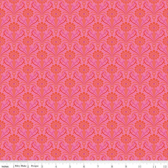 Image of Kipling Gardens Fariweather Hot Pink quilting cotton fabric by Lily Ashbury for Riley Blake Designs. Features flowers on a pink background. Cute Little Fabric Shop.