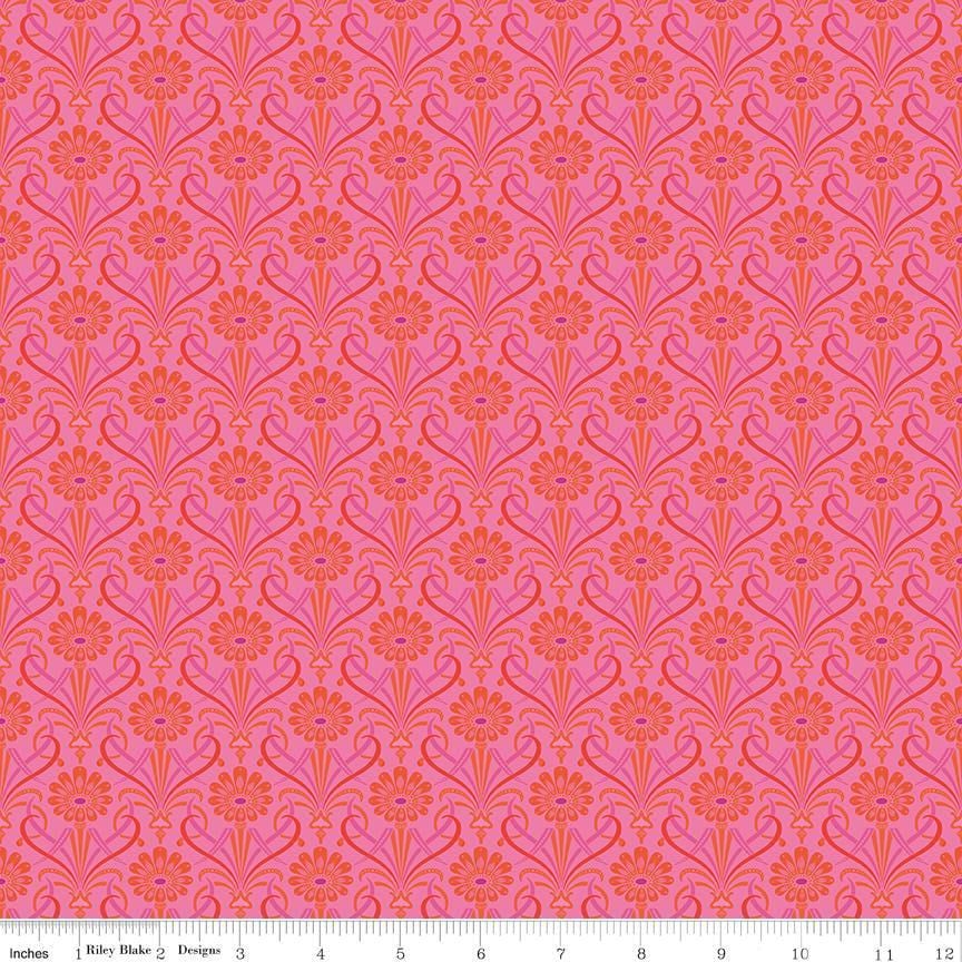 Image of Kipling Gardens Fariweather Hot Pink quilting cotton fabric by Lily Ashbury for Riley Blake Designs. Features flowers on a pink background. Cute Little Fabric Shop.