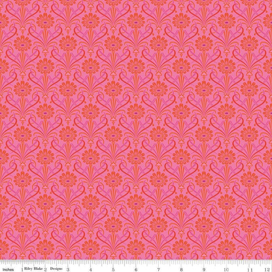 Image of Kipling Gardens Fariweather Hot Pink quilting cotton fabric by Lily Ashbury for Riley Blake Designs. Features flowers on a pink background. Cute Little Fabric Shop.