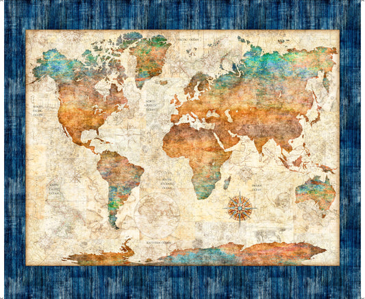 Nauticus World Map Multi Cream Blue Panel Map Fabric - 32049 - QT Fabrics Quilting Cotton Fabric