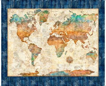 Nauticus World Map Multi Cream Blue Panel Map Fabric - 32049 - QT Fabrics Quilting Cotton Fabric