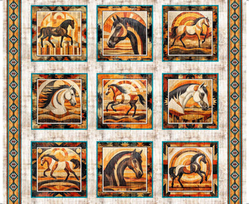 Canyonlands Horse Picture Patches Panel Birch White Horse Fabric - 32012 - QT Fabrics Quilting Cotton Fabric