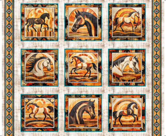 Canyonlands Horse Picture Patches Panel Birch White Horse Fabric - 32012 - QT Fabrics Quilting Cotton Fabric