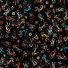 Image of Canyonlands Kokopelli Black quilting cotton fabric by Morris Creative Group for QT Fabrics. Features Native American inspired characters on a black background. Cute Little Fabric Shop.