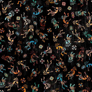 Image of Canyonlands Kokopelli Black quilting cotton fabric by Morris Creative Group for QT Fabrics. Features Native American inspired characters on a black background. Cute Little Fabric Shop.