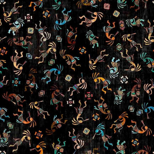 Image of Canyonlands Kokopelli Black quilting cotton fabric by Morris Creative Group for QT Fabrics. Features Native American inspired characters on a black background. Cute Little Fabric Shop.