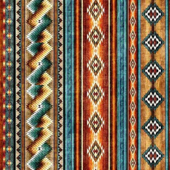 Image of Canyonlands Southwest Border Stripe Multi quilting cotton fabric by Morris Creative Group for QT Fabrics. Features stripes on an orange background. Cute Little Fabric Shop.