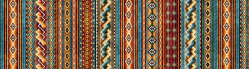Image of Canyonlands Southwest Border Stripe Multi quilting cotton fabric by Morris Creative Group for QT Fabrics. Features stripes on an orange background. Cute Little Fabric Shop.