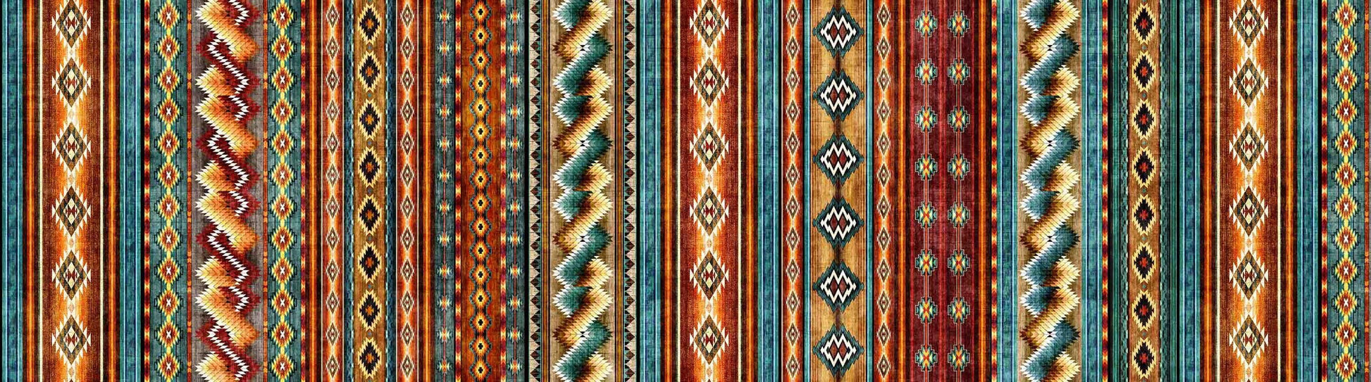 Image of Canyonlands Southwest Border Stripe Multi quilting cotton fabric by Morris Creative Group for QT Fabrics. Features stripes on an orange background. Cute Little Fabric Shop.