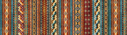 Image of Canyonlands Southwest Border Stripe Multi quilting cotton fabric by Morris Creative Group for QT Fabrics. Features stripes on an orange background. Cute Little Fabric Shop.