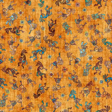 Image of Canyonlands Kokopelli Orange quilting cotton fabric by Morris Creative Group for QT Fabrics. Features Native American inspired characters on an orange background. Cute Little Fabric Shop.