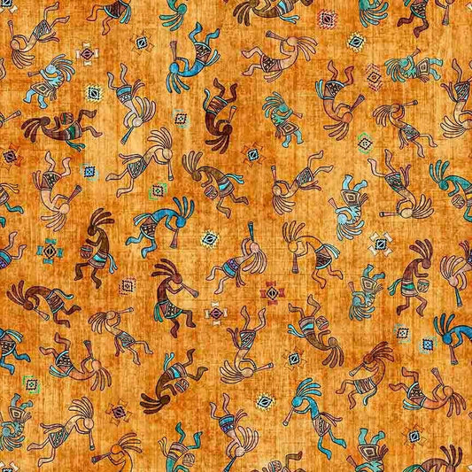 Image of Canyonlands Kokopelli Orange quilting cotton fabric by Morris Creative Group for QT Fabrics. Features Native American inspired characters on an orange background. Cute Little Fabric Shop.