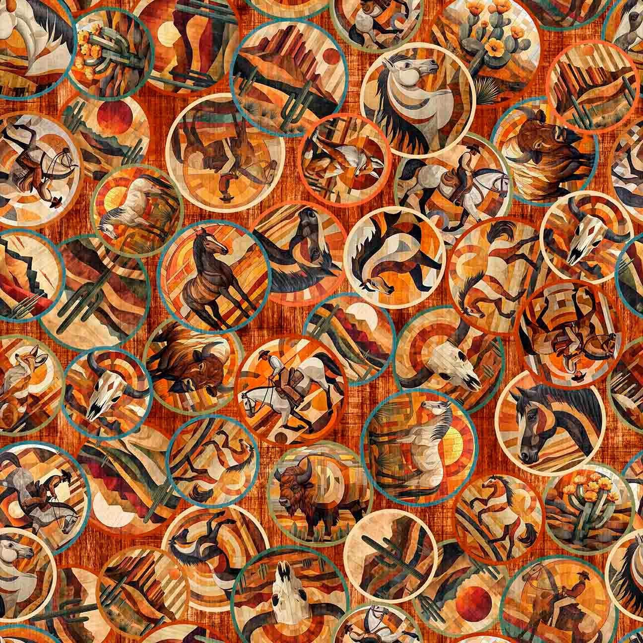 Image of Canyonlands Horse Medallions Rust quilting cotton fabric by Morris Creative Group for QT Fabrics. Features horses on an orange background. Cute Little Fabric Shop.