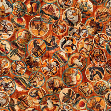 Image of Canyonlands Horse Medallions Rust quilting cotton fabric by Morris Creative Group for QT Fabrics. Features horses on an orange background. Cute Little Fabric Shop.