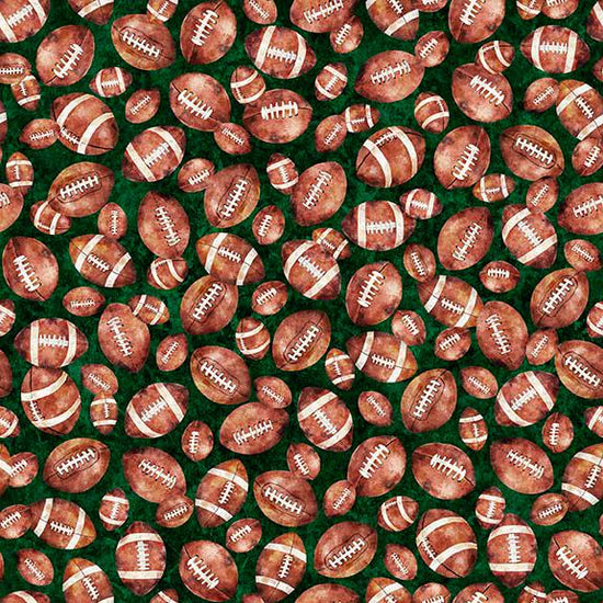Image of Gridiron Gang Footballs Forest quilting cotton fabric by Morris Creative Group for QT Fabrics. Features football gear on a green background. Cute Little Fabric Shop.