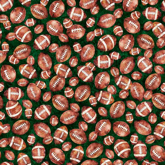 Image of Gridiron Gang Footballs Forest quilting cotton fabric by Morris Creative Group for QT Fabrics. Features football gear on a green background. Cute Little Fabric Shop.