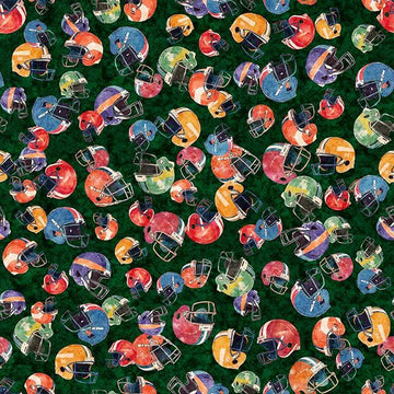 Image of Gridiron Gang Football Helmuts Forest quilting cotton fabric by Morris Creative Group for QT Fabrics. Features football gear on a green background. Cute Little Fabric Shop.