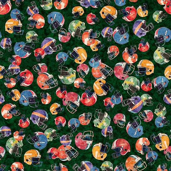 Image of Gridiron Gang Football Helmuts Forest quilting cotton fabric by Morris Creative Group for QT Fabrics. Features football gear on a green background. Cute Little Fabric Shop.