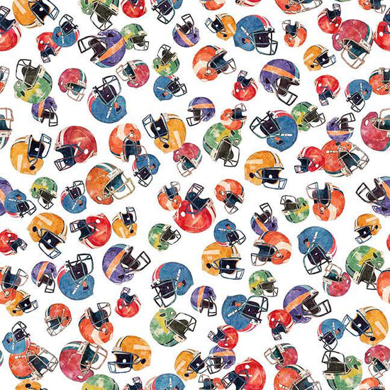 Image of Gridiron Gang Football Helmuts White quilting cotton fabric by Morris Creative Group for QT Fabrics. Features football gear on a white background. Cute Little Fabric Shop.