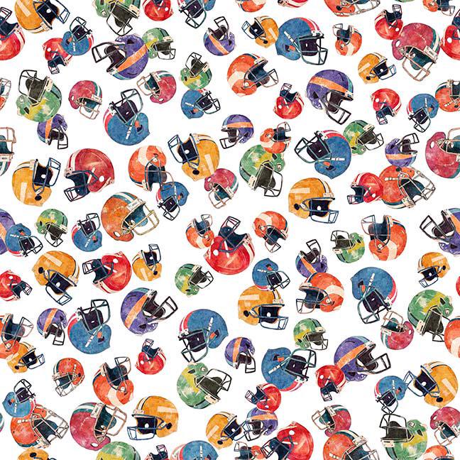 Image of Gridiron Gang Football Helmuts White quilting cotton fabric by Morris Creative Group for QT Fabrics. Features football gear on a white background. Cute Little Fabric Shop.