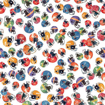 Image of Gridiron Gang Football Helmuts White quilting cotton fabric by Morris Creative Group for QT Fabrics. Features football gear on a white background. Cute Little Fabric Shop.