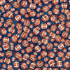 Image of Gridiron Gang Footballs Navy quilting cotton fabric by Morris Creative Group for QT Fabrics. Features football gear on a blue background. Cute Little Fabric Shop.