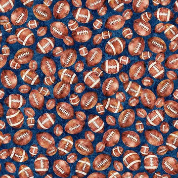 Image of Gridiron Gang Footballs Navy quilting cotton fabric by Morris Creative Group for QT Fabrics. Features football gear on a blue background. Cute Little Fabric Shop.