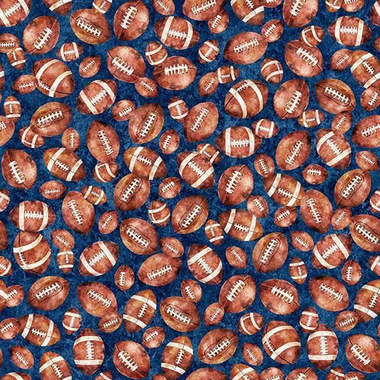 Image of Gridiron Gang Footballs Navy quilting cotton fabric by Morris Creative Group for QT Fabrics. Features football gear on a blue background. Cute Little Fabric Shop.