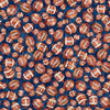 Image of Gridiron Gang Footballs Navy quilting cotton fabric by Morris Creative Group for QT Fabrics. Features football gear on a blue background. Cute Little Fabric Shop.