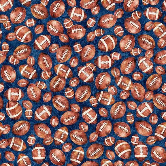 Image of Gridiron Gang Footballs Navy quilting cotton fabric by Morris Creative Group for QT Fabrics. Features football gear on a blue background. Cute Little Fabric Shop.