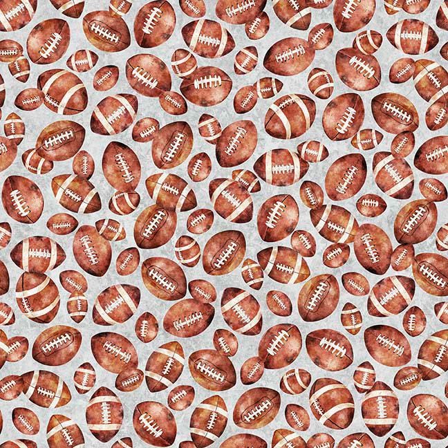 Image of Gridiron Gang Footballs Gray quilting cotton fabric by Morris Creative Group for QT Fabrics. Features football gear on a gray background. Cute Little Fabric Shop.