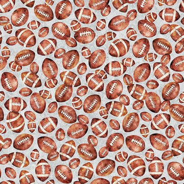 Image of Gridiron Gang Footballs Gray quilting cotton fabric by Morris Creative Group for QT Fabrics. Features football gear on a gray background. Cute Little Fabric Shop.