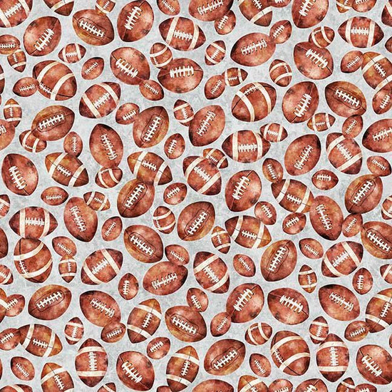 Image of Gridiron Gang Footballs Gray quilting cotton fabric by Morris Creative Group for QT Fabrics. Features football gear on a gray background. Cute Little Fabric Shop.