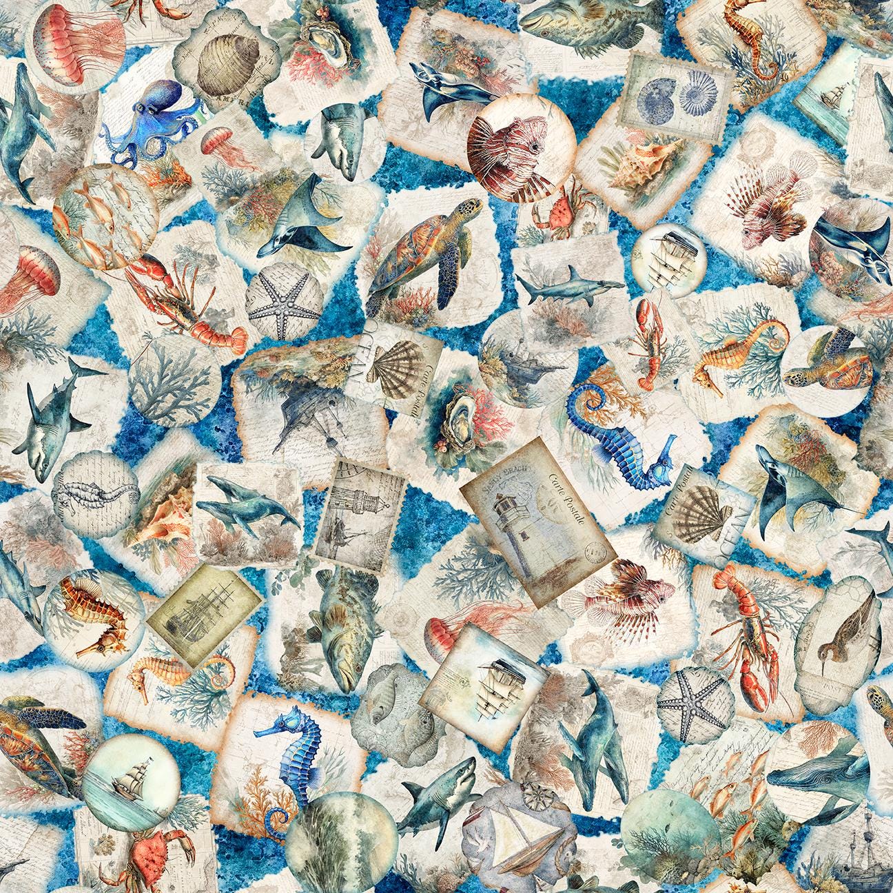 Image of Nauticus Sea Creatures Overlapping Patches Ocean quilting cotton fabric by Morris Creative Group for QT Fabrics. Features ocean icons on a blue background. Cute Little Fabric Shop.