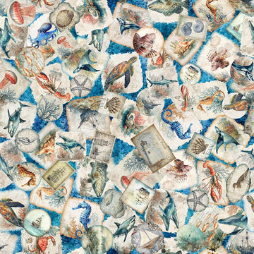 Image of Nauticus Sea Creatures Overlapping Patches Ocean quilting cotton fabric by Morris Creative Group for QT Fabrics. Features ocean icons on a blue background. Cute Little Fabric Shop.
