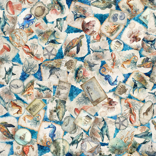 Image of Nauticus Sea Creatures Overlapping Patches Ocean quilting cotton fabric by Morris Creative Group for QT Fabrics. Features ocean icons on a blue background. Cute Little Fabric Shop.