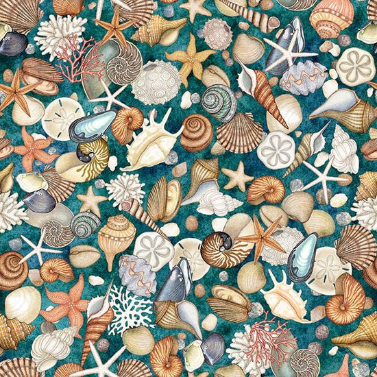 Image of Nauticus Shells Teal quilting cotton fabric by Morris Creative Group for QT Fabrics. Features seashells on a blue background. Cute Little Fabric Shop.