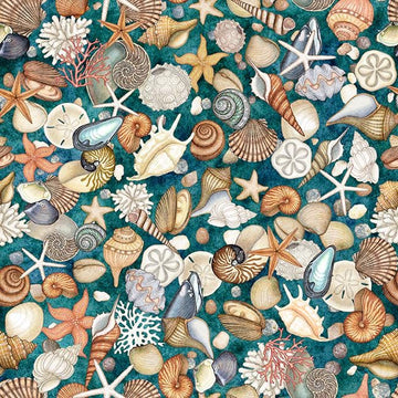 Image of Nauticus Shells Teal quilting cotton fabric by Morris Creative Group for QT Fabrics. Features seashells on a blue background. Cute Little Fabric Shop.