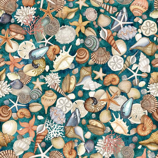 Image of Nauticus Shells Teal quilting cotton fabric by Morris Creative Group for QT Fabrics. Features seashells on a blue background. Cute Little Fabric Shop.